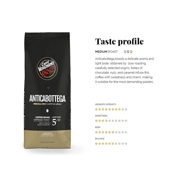 Caffe Vergnano 1882 Antica Bottega Whole Bean Arabica Medium Roast Espresso, 2.2 lbs Bag - Italian Coffee Beans with notes of Chocolate, Nuts & Caramel, Intensity 5/10-1000g Bag (2 Pack)