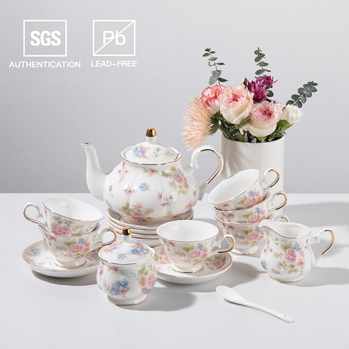 Sweejar Ceramic Teapot with Infuser, Floral Relief Gold Rimmed Teapot, 29 OZ Porcelain Tea Pot for Blooming and Loose Tea, Coffee...(Small Flower)