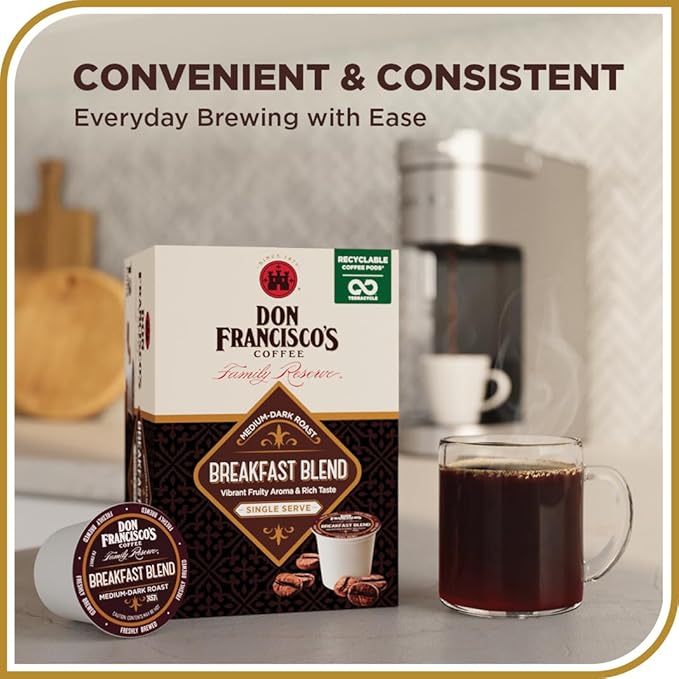 Don Francisco's Breakfast Blend Coffee - 12 K-Cup Compatible Single-Serve Pods - 100% Arabica - Fruity Aroma, Rich Flavor - Recyclable through TerraCycle - Compatible with Keurig Brewers