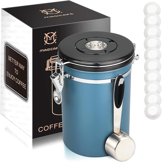 Airtight Coffee Bean Storage - with Co2 Valve Vacuum Sealed Coffee Container with Scoop For Beans Grounds Large Blue 21oz