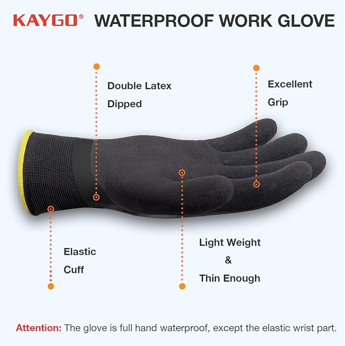 KAYGO Waterproof Work Gloves for Men and Women, Rubber Coated Non-slip Working Gloves for Garden, Outdoor Construction,KG150,Black,S