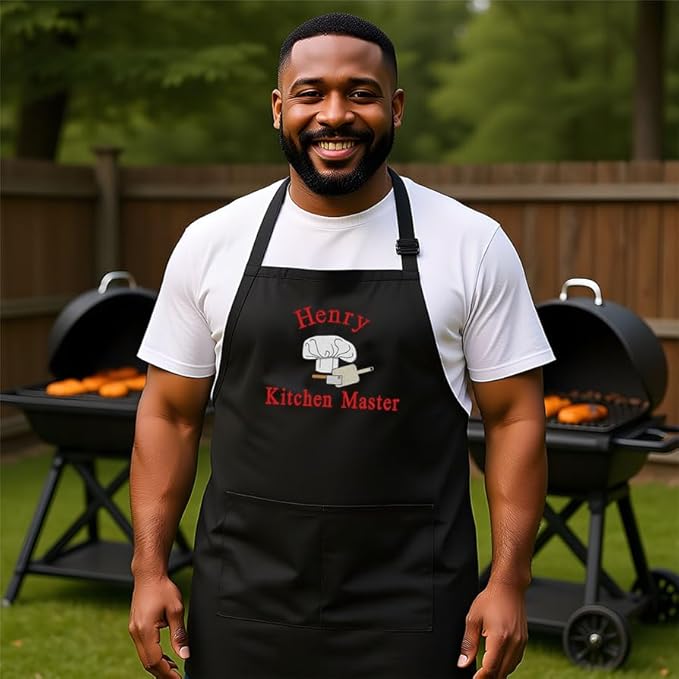 Personalized Chef Apron for Men, Custom Embroidered Design, Professional Kitchen Cooking BBQ Grilling for Dad, Decorated in USA