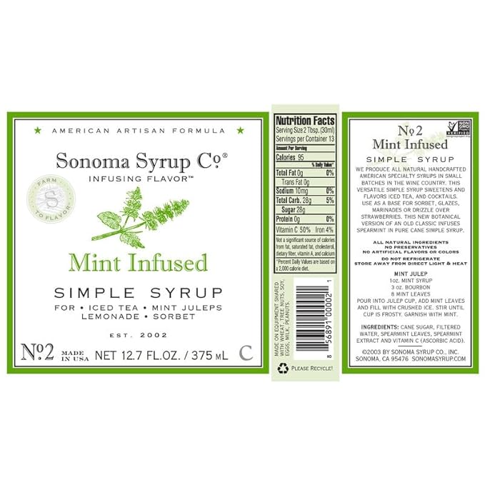 Sonoma Syrup Co. Mint Infused Simple Syrup 12.7 fl oz | for Coffee, Cocktails, and Cooking | Hand Crafted in the USA
