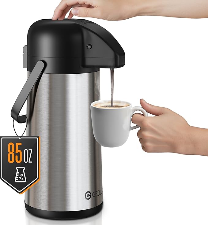 Airpot Coffee Carafe for Keeping Hot - 85 OZ / 2.5L Large Coffee Dispenser with Pump - Insulated Stainless Steel Thermos Urn for Hot Drinks Water Tea Chocolate - Thermal Beverage Dispenser for Parties
