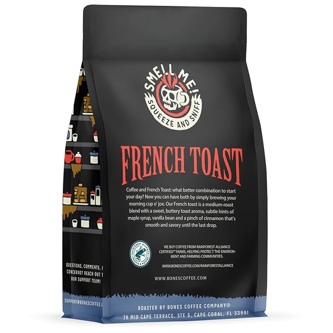 Bones Coffee Company French Toast, Sweet and Buttery Flavored Flavored Coffee, Medium Roast Low Acid Arabica Beans Compatible with Auto drip and French Press Coffee Maker, 12 Oz Whole Bean