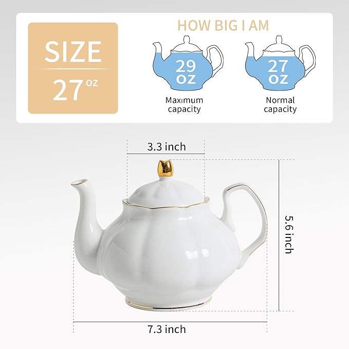 27oz White Porcelain Teapot with Gold Trim, Classic Ceramic Teapot for Loose Leaf Tea & Tea Bags, Elegant Small Teapots for Daily Use or Gifts