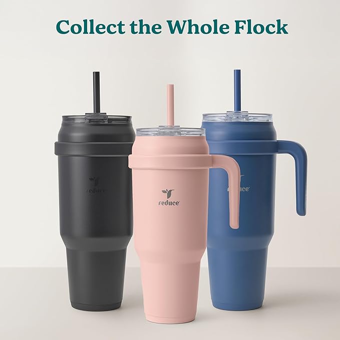 REDUCE Reusable 50 oz Cold1 Water Tumbler – Ergonomic Handle – Double-Wall Insulation – Sturdy Desktop/Tabletop Mug with Lid and Straw – BPA-Free – Stainless Steel for Gym, Home, Office – Casa Blanca
