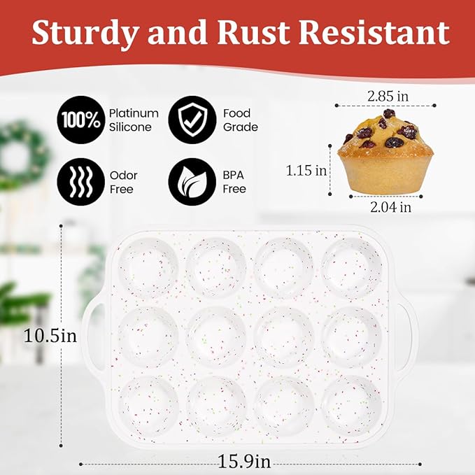 CAKETIME Silicone Muffin Pan with Metal Frame, Metal Reinforced Frame Regular Size Cupcake Pan with Handle 12 Cups Nonstick Muffin Pan for Baking BPA Free 2 Pack