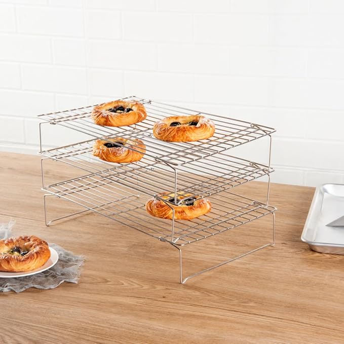 Restaurantware Met Lux 15.7 x 9.8 x 8.3 Inch Wire Baking Rack Set 1 Dishwashable Oven Wire Rack Set - 3-Tier Design Oven-Ready Up To 575F Stainless Steel Cooling Rack Set With Collapsible Feet