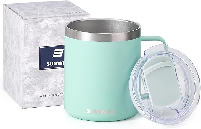 SUNWILL Insulated Coffee Mug with Lid, Travel Tumbler with Handle, 14 oz Stainless Steel Cup for Camping, Office, Home, Powder Coated Mint