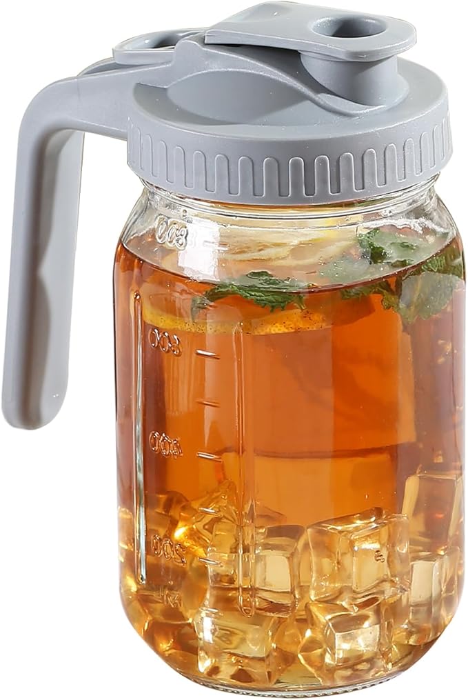 Glass Mason Jar Pitcher with Pour Spout Handle Lid, Breast Milk Pitcher Jug for Ice Tea, Cold Brew Coffee, Fridge Water, Juices, Leak Proof Storage Container