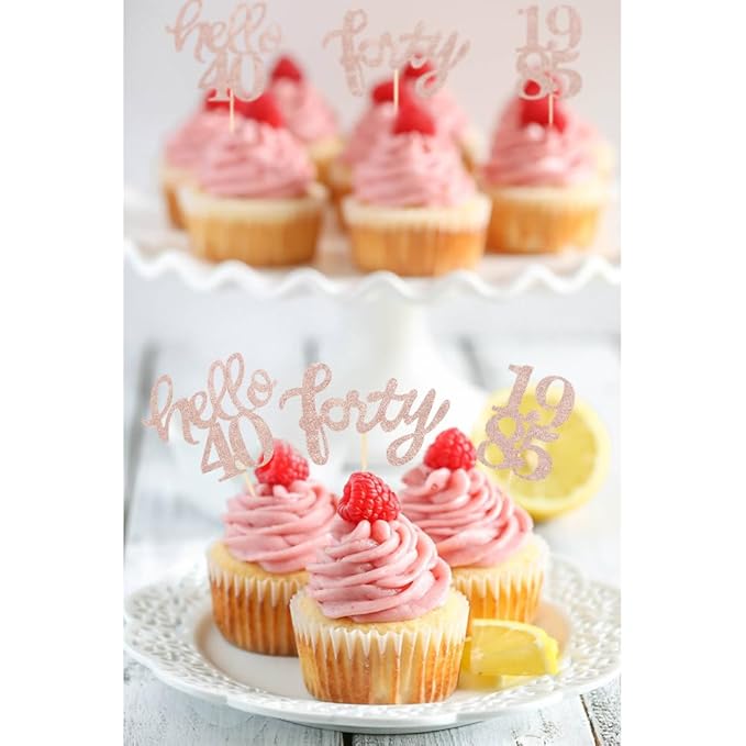 Rose Gold Glitter 40th Birthday Cupcake Toppers 40th Birthday Celebrating Party Decorations - Set of 24