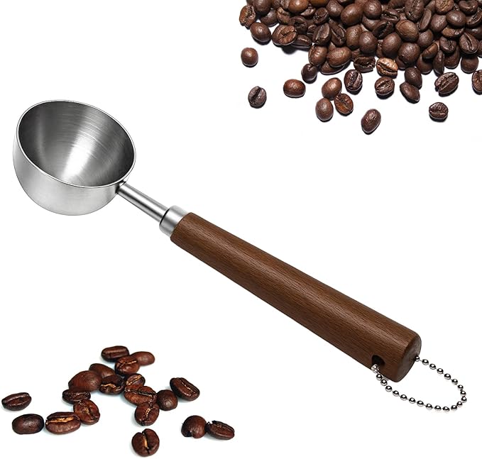 1pcs Coffee Scoop for Ground Coffee, Beans and Tea，Vintage Coffee Measuring Spoon with Long Wooden Handle 30ml/10g Capacity 304 Stainless Steel（Silver)