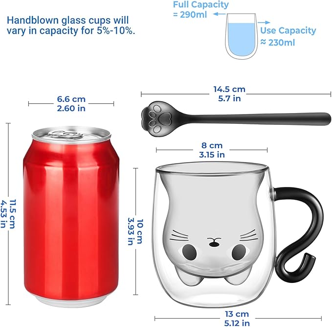 ecooe Cute Cat Mug Glass Coffee Cup 9.8oz Double Walled Glass Mug Cappuccino Latte Glass Cup with Handle Spoon, Milk Tea Cat Cup Birthday Christmas Valentine's Day Gifts for Women Girls Kids Friends