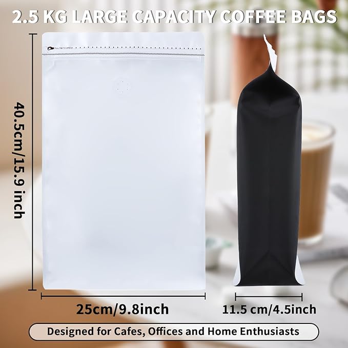 New 2.5 KG Large Capacity Coffee Bags with Valve (50 PCS) White Sides Black High Barrier Aluminum Foil Flat Bottom Standing Coffee Beans Storage Packaging Bags, Reusable Heat Seal Side Zipper Pouches