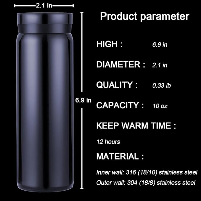 10oz Mini Water Bottle Stainless Steel Thermos Small Flask - Insulated Vacuum, Leak Proof, Keeps Drinks Hot/Cold - Ideal for Coffee, Tea, Water - Blue