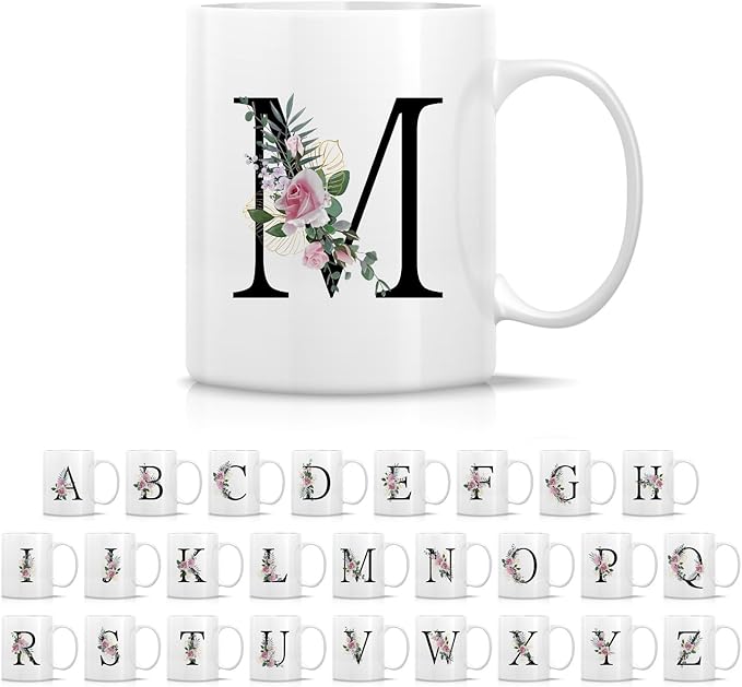 Retreez Initial A-Z Floral Botanical Bouquet Alphabet Monogrammed Monogram Mug 11 Oz Ceramic Tea Coffee Mugs - Appreciation Thank You Wedding Birthday Gifts for her friend coworker sister - M Initial