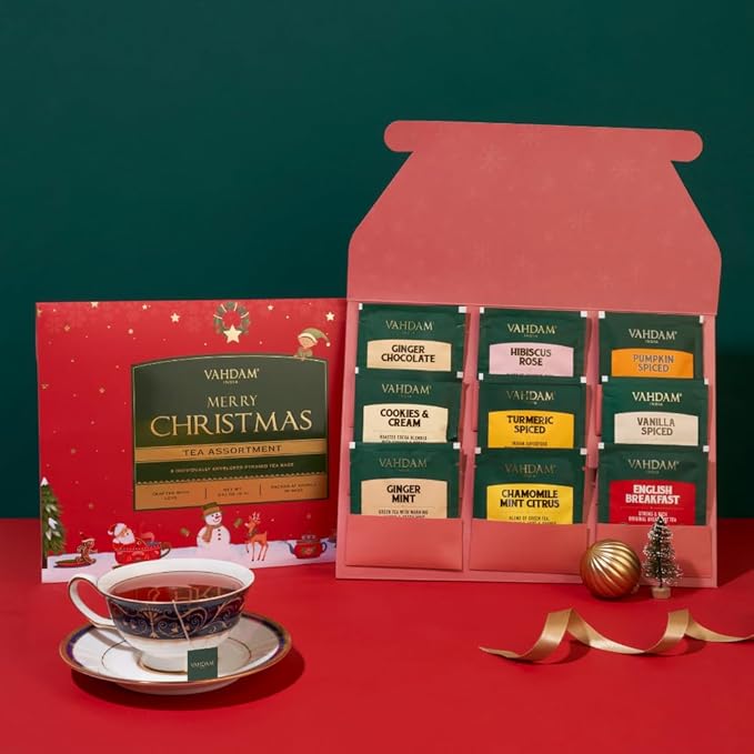 VAHDAM, Merry Christmas Tea Gift Set (9 Individually Wrapped Tea Bags) Limited Edition -Gluten Free, Non GMO | Christmas 2025 Gift Ideas | Christmas Gifts For Women 2025 & Christmas Gifts For Men 2025