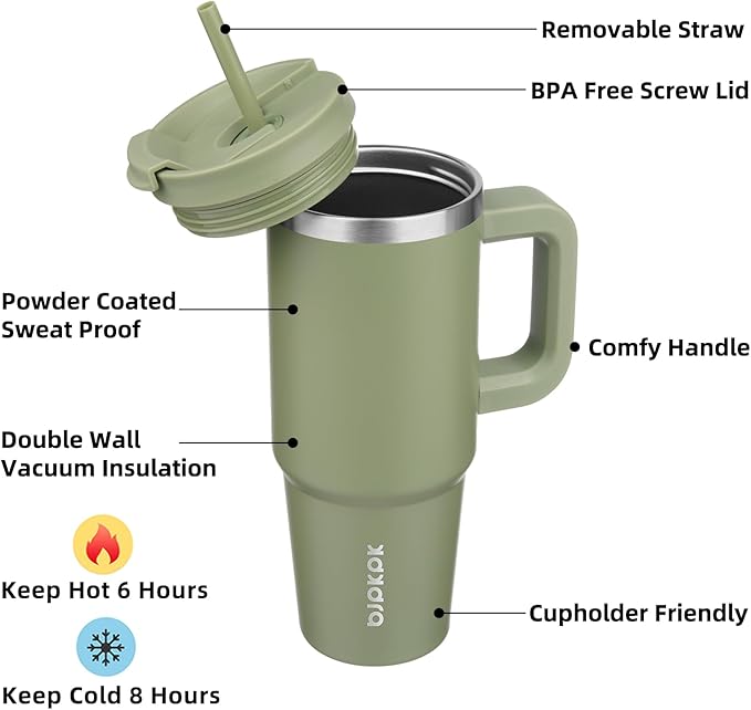 BJPKPK 30 oz Stainless Steel Tumbler With Handle Insulated Tumblers With 2 Straw Travel Coffee Mug With Lid,Sage