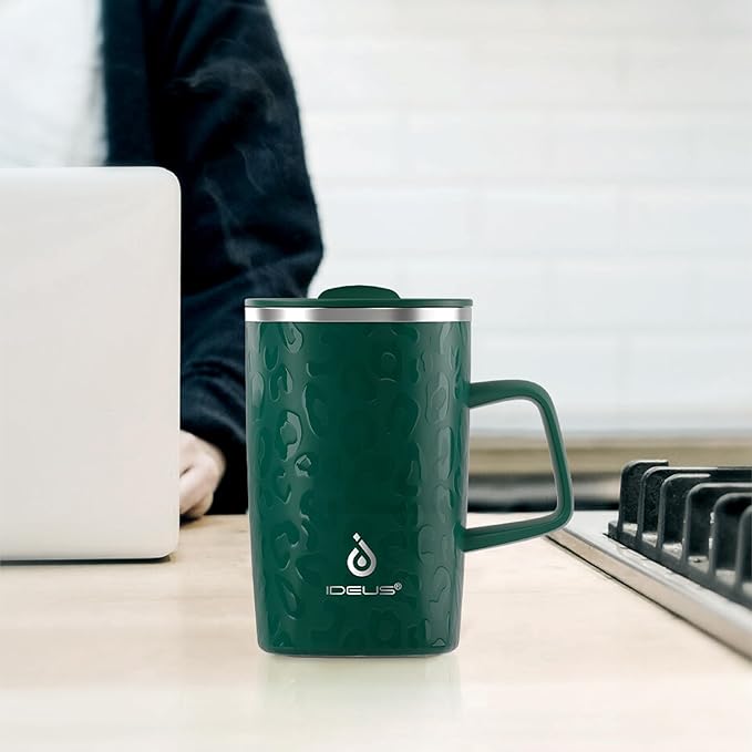 Ideus Vacuum Insulated Coffee Mug, 16oz Reusable Stainless Steel Thermal Double Walled cup with Handle and Slider Lid for Hot & Cold Beverages, BPA Free (Leapord Dark Green)