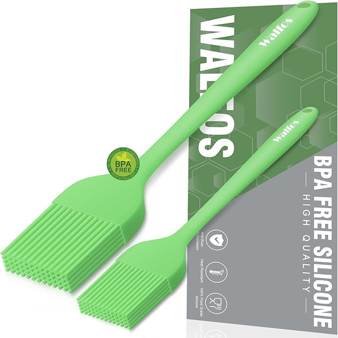 Walfos Basting Brushes Silicone, Heat Resistant Pastry Brushes for Kitchen Cooking, Oil, BBQ Grill, One-Pieces Design,BPA Free and Dishwasher Safe, 2 Pcs (Lime Green)