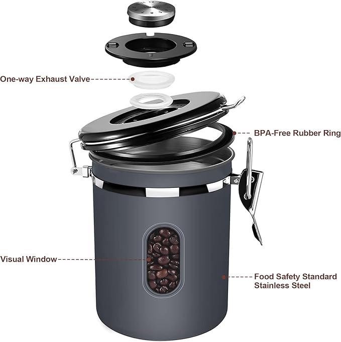 1500ML Airtight Coffee Canister with Date Tracker&Transparent Window, 18OZ Coffe Beans Storage with 30ML Measure Spoon&4 co2 Valve, Coffee Container for Grounds Coffee, Beans, Tea, Sugar, Flour(Gray)