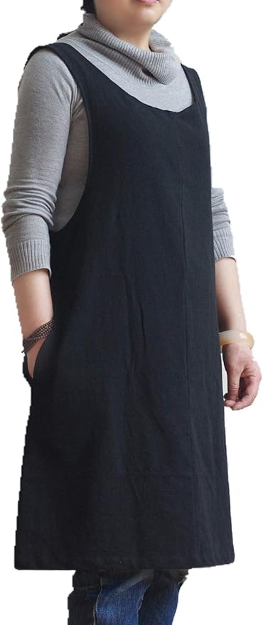Cotton Linen Japanese Apron Halter Cross Back Bandage X Shape Aprons Two Pockets