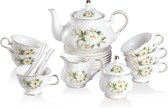 Sweejar Porcelain Tea Sets, Vintage British Floral Relief Gold Rimmed Teapot Cup and Saucer Set, Tea Set Service for 6, with Teapot, Sugar Bowl, Milk Jug, Spoons, Tea Cup and Saucer (Camellia)