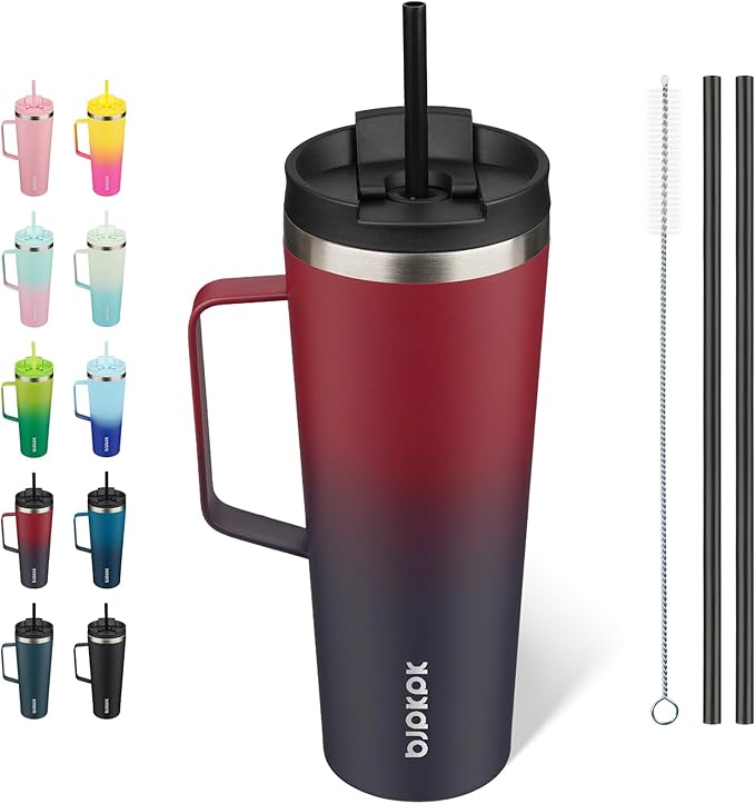 BJPKPK Insulated Tumbler with Handle, 26oz Insulated Tumblers with Lid and Straw, Stainless Steel Metal Water Bottles, Coffee Travel Mugs, Cups, Charming Red