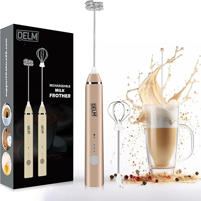 Delm Milk Frother Electric USB Stainless Steel Accessory - Frother Wand Foam Maker for Lattes - Milk Frother Handheld for Cappuccino, Frappe, Matcha, Hot Chocolate - Frother for Coffee (beige/gold)