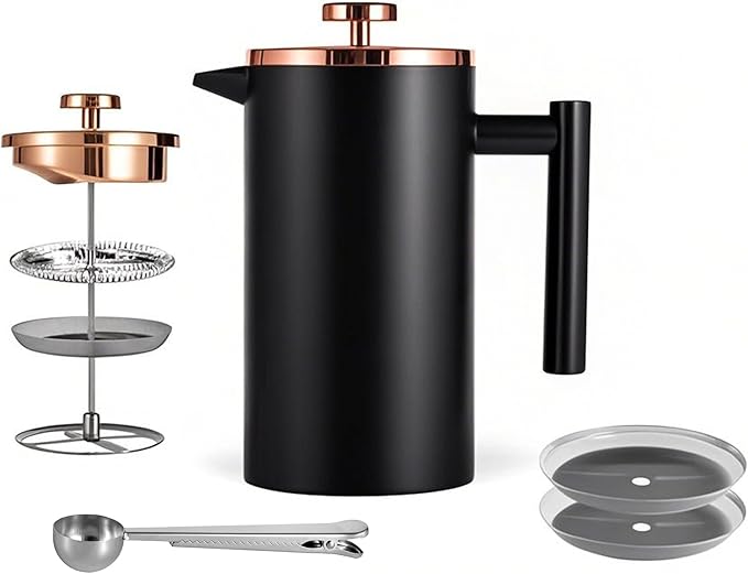 Small French Press 350ml Black, Double-Wall Insulated French Press Coffee Press Stainless Steel for travel camping, Single Cup Pour Over Coffee Maker Black(1 cup, 12 OZ)