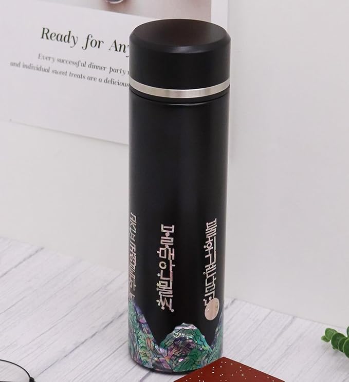 Mother of Pearl Design Stainless Steel Water Bottle with Tea Infuser Strainer 17 oz Leakproof Screw Cap Wide Mouth Double Wall Vacuum Insulated Travel Sport Water Flask Thermo Mug (Hangeul Black)