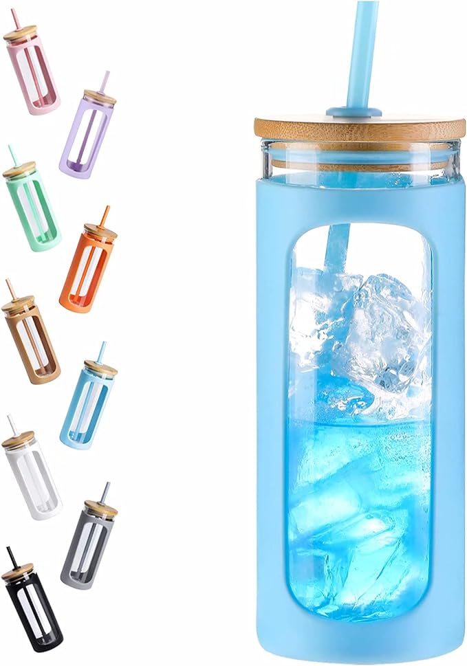 Kodrine 20oz Glass Water Tumbler with Straw and Lid, Bamboo Lids Water Bottle, Iced Coffee Cup Reusable, Wide Mouth Smoothie Cups with Protective Silicone Sleeve BPA FREE-Light Blue
