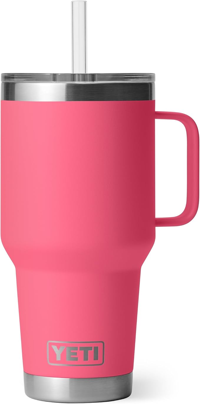 YETI Rambler 35 oz Tumbler with Handle and Straw Lid, Travel Mug Water Tumbler, Vacuum Insulated Cup with Handle, Stainless Steel, Tropical Pink