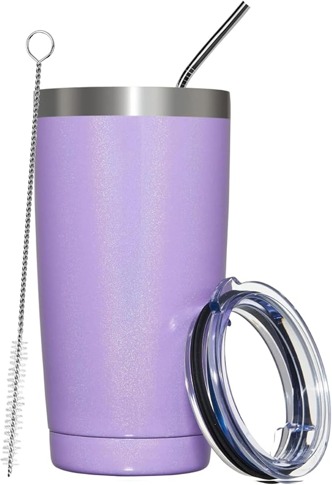 MEWAY 20oz Tumbler Double Wall Vacuum Insulated Travel Glitter Mug,Stainless Steel Tumblers with Lid and Straw, Powder Coated Coffee Cups for Woman (Rainbow Purple,1)