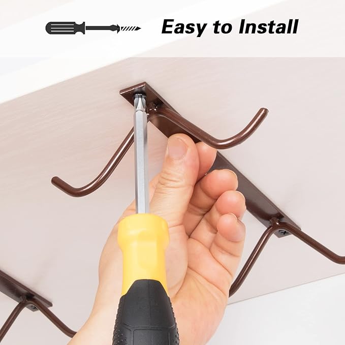 Cabinet Hook Mug Holder - Hanging Coffee Cup Rack for Kitchen, Under Cabinets Metal Hangers Organizer Shelf Storage Utensil (Brown)