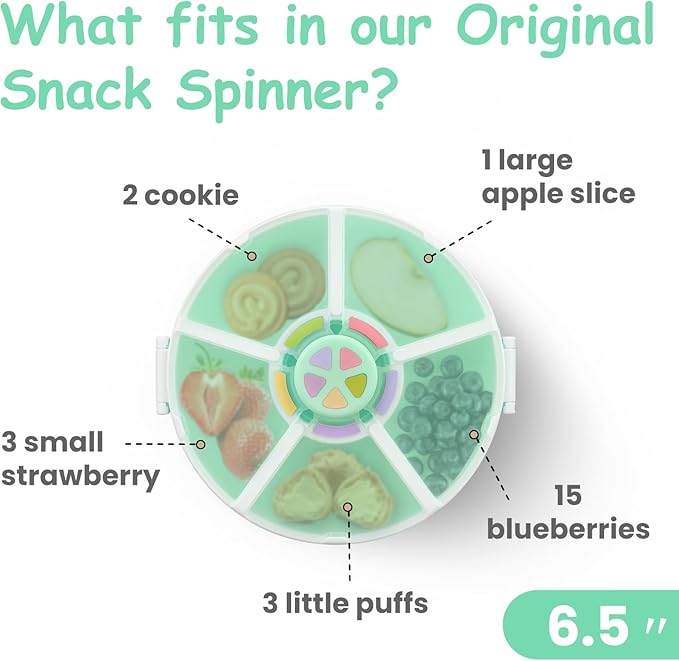 Kids Reusable Rotating Snack Container with 5 Separate Compartments, Color Matching Opening Lid,BPA/PVC-Free, Dishwasher Safe, Perfect for Travel, School Lunches & On-the-Go Snacking-Green