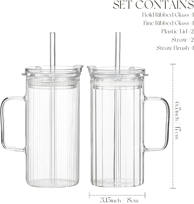 KEMORELA 2PCS Glass Tumbler with Lid and Straw - 24oz Ribbed Drinking Cups with Straw & Lid, Iced Coffee Cups - Reusable Glass Tumblers for Tea, Juice, Bubble Tea