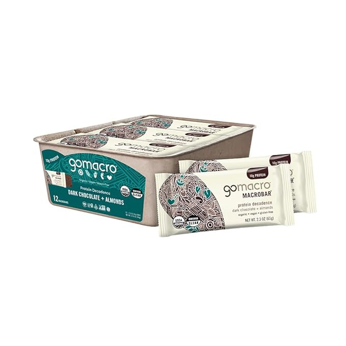 GoMacro MacroBar Organic Vegan Protein Bars - Dark Chocolate + Almonds (2.3 Ounce Bars, 12 Count)
