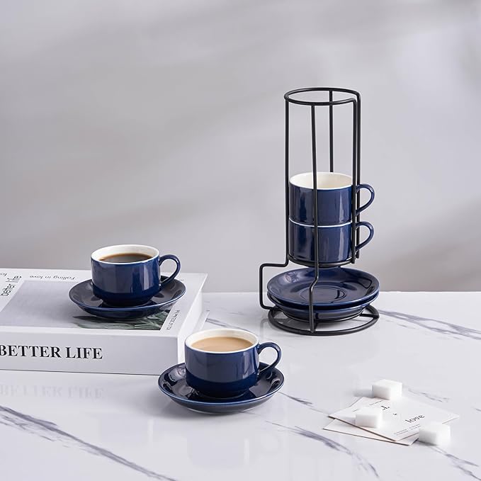 YOLIFE 2.5oz Porcelain Stackable Espresso Cups with Saucers and Metal Stand Set of 4, Stackable Cappuccino Cups, Blue Expresso Shots Cup Set for Coffee Drinks, Latte, Tea