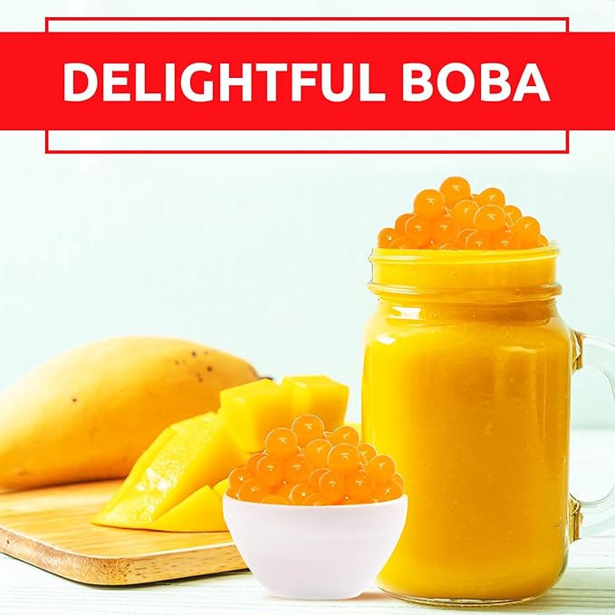 Fanale Mango Popping Boba Pearls, Vegan, Non GMO, Gluten Free, Fat Free, Perfect for Bubble Tea, Smoothies, Ice Cream, Desserts, and Beverages.