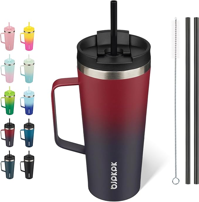 BJPKPK Insulated Tumbler with Handle, 22oz Insulated Tumblers with Lid and Straw, Stainless Steel Metal Water Bottles, Coffee Travel Mugs, Cups, Charming Red