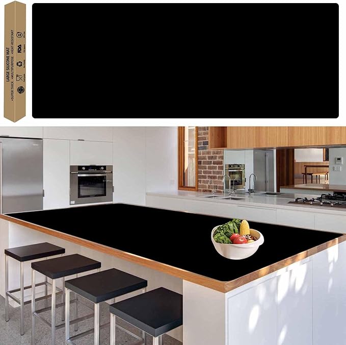 78.7"x23.6" Large Silicone Mat for Kitchen Counter, Heat Resistant Non-Slip Countertop Protector, Waterproof Silicone Craft Mat for Kitchen Island, Black