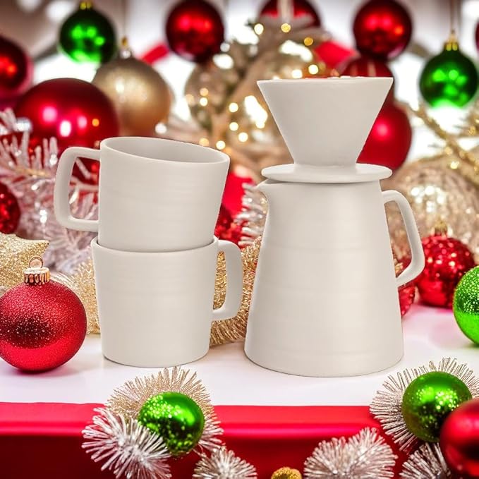 Pour Over Drip Coffee Maker Gift Set with Two Coffee Mugs, Non-Electric Pour Over Coffee Dripper, Easy Manual Brew Maker, Dishwasher and Microwave Safe, Filters not included (Ivory)