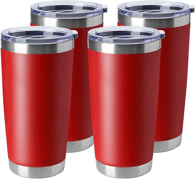 HASLE OUTFITTERS 20oz Tumblers Stainless Steel Mugs with Lid Double Wall Vacuum Insulated Coffee Cups for Cold & Hot Drinks (20oz-Red, 4 Pack)
