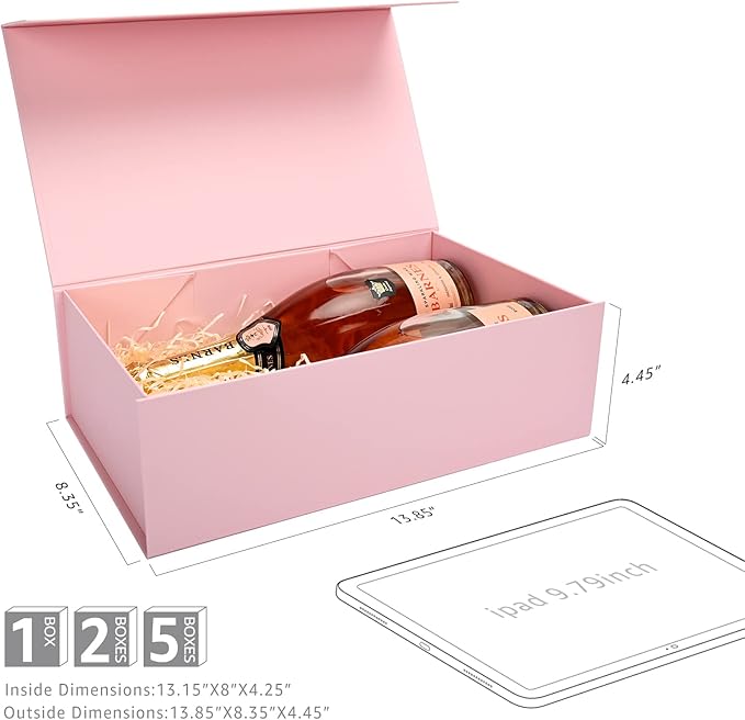 LIFELUM Gift Boxes for Presents, Extra Large Gift Box 2 Pack 13.85 x 8.35 x 4.45 inch with Magnetic Lid Pink Gift Box With Ribbon, Card, Shredded Paper Filler