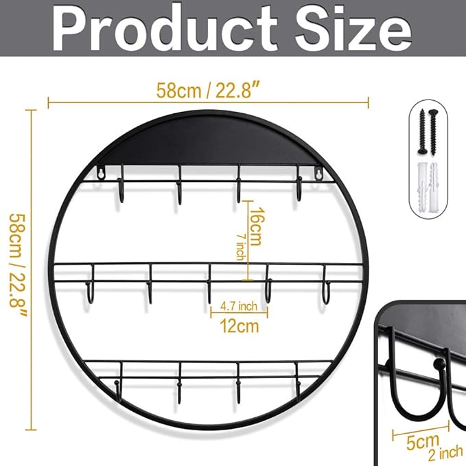 AJART Coffee Bar Decor Mug Holder: 22" Round Square Coffee Cup Rack for Home Kitchen Office Dining Room Cafe Bar