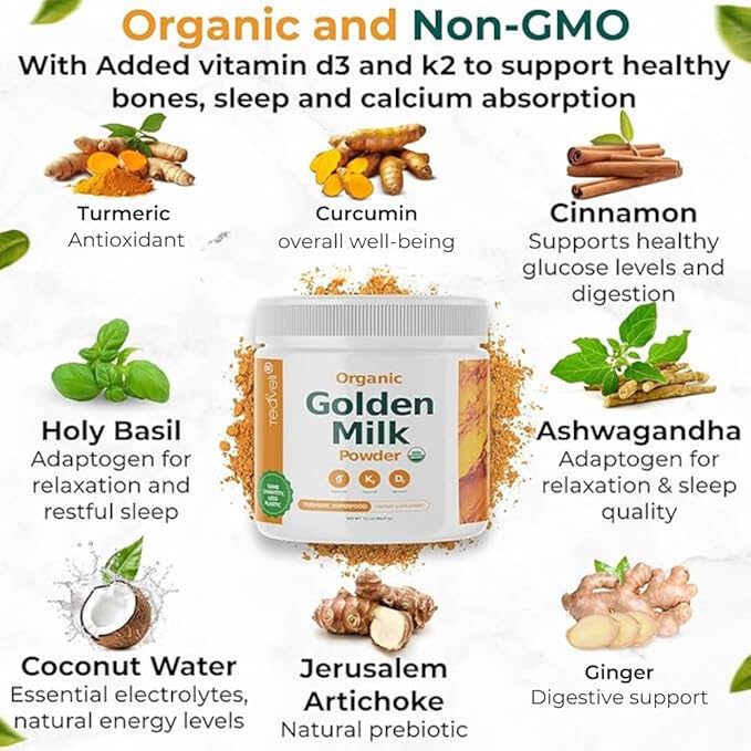 Organic Golden Milk Powder with Vitamins D3 & K2, Turmeric, Ginger, Curcumin, Cinnamon, KSM66 Ashwagandha, Holy Basil & Natural Prebiotics– Delicious Unsweetened Turmeric Tea Latte - 3 Pack