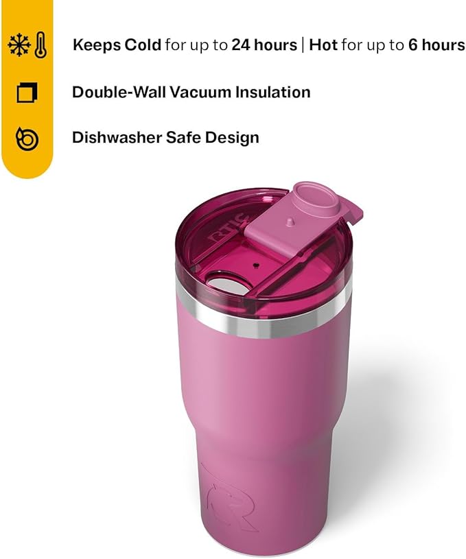 RTIC 20oz Essential Tumbler with Lid, Insulated, Stainless Steel, Metal, Double Wall Vacuum-Insulation, Ceramic Lined, Travel Cup for Iced Coffee, Tea, Hot and Cold Drink, Orchid