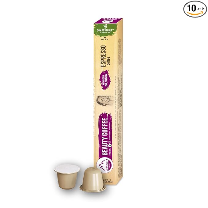 La Natura Lifestyle Beauty Coffee Pods - Espresso Roast European-Style with Biotin, Zinc & Selenium for Hair, Skin & Nails Health - Compostable Nespresso Original Line Compatible Capsules - Pack of 10